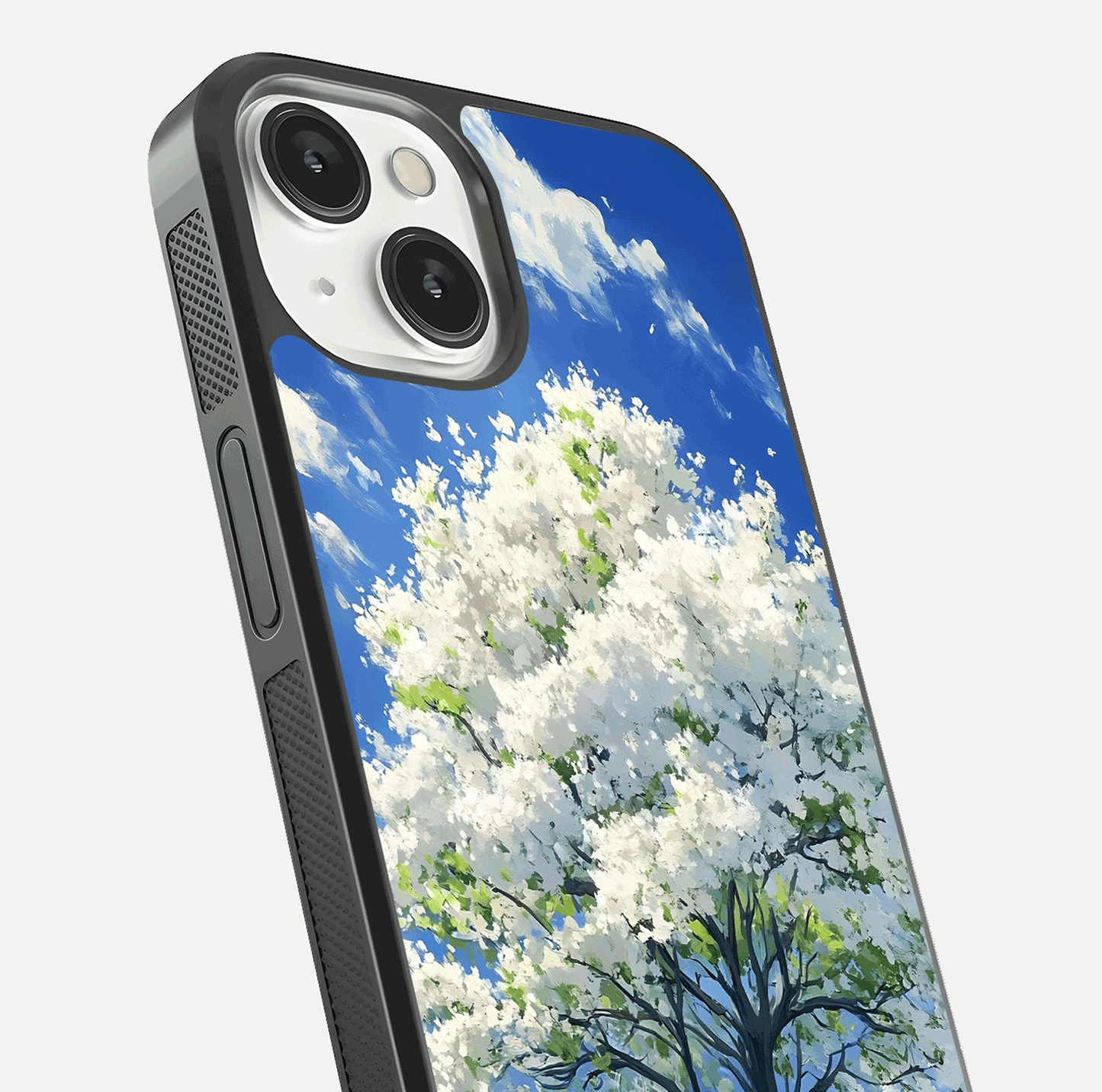 Blossom Sky Serenity Glass Case for iPhone 13 close-up highlighting calming flower details and reflection gloss
