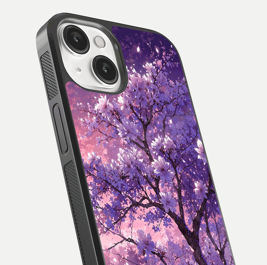 Blossom Tree Glass Case for iPhone 13 close-up image highlighting tree branches, blossoms, and shine