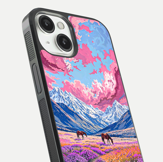 Blossom Valley Dream Glass Case for iPhone 13 close-up view showing detailed flower print and pastel hues