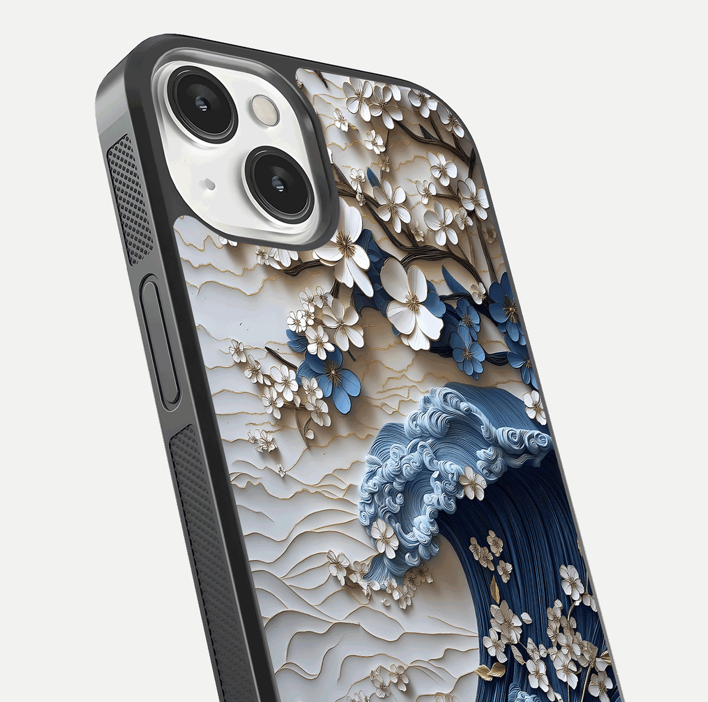 Blossom Wave Art Glass Case for iPhone 13 close-up shot highlighting wave motion in floral art and reflection