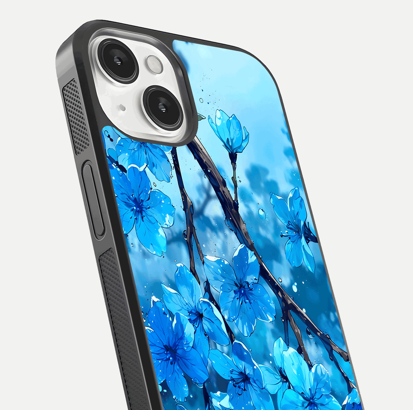 Blue Blossoms Branch Glass Case for iPhone 13 close-up angle highlighting petal details and reflection gloss