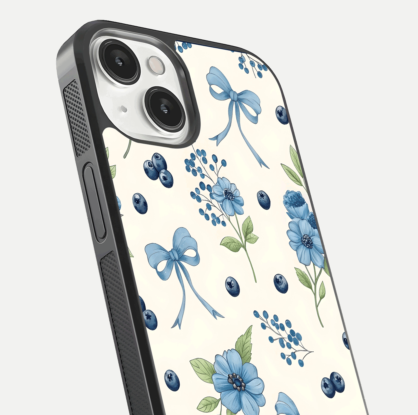 Blue Flower & Bow Glass Case for iPhone 13 close-up shot highlighting ribbon detail and flower gloss finish