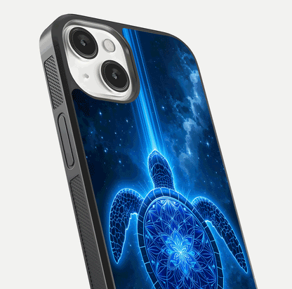 Blue Galaxy Turtle Glass Case for iPhone 13 close-up image showing turtle shell detail and glowing galaxy tones