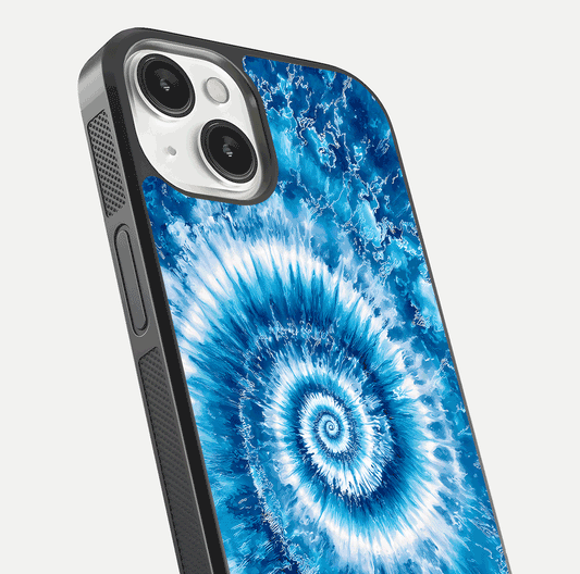 Blue Galaxy Wave Glass Case for iPhone 13 close-up highlighting fluid wave motion and deep-blue reflection
