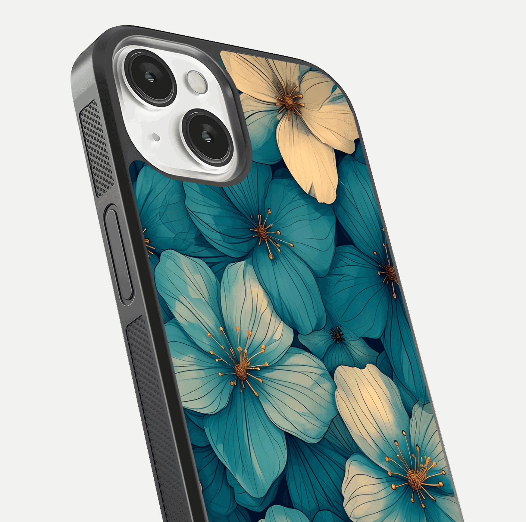 Blue Shade Floral Glass Case for iPhone 13 close-up angle showing flower print precision and reflection
