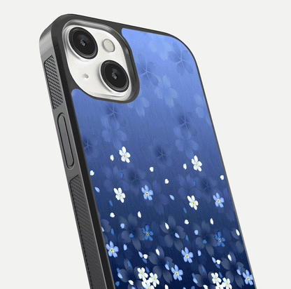 Blue Starry Glass Case for iPhone 13 close-up image highlighting sparkle details and midnight blue gradient