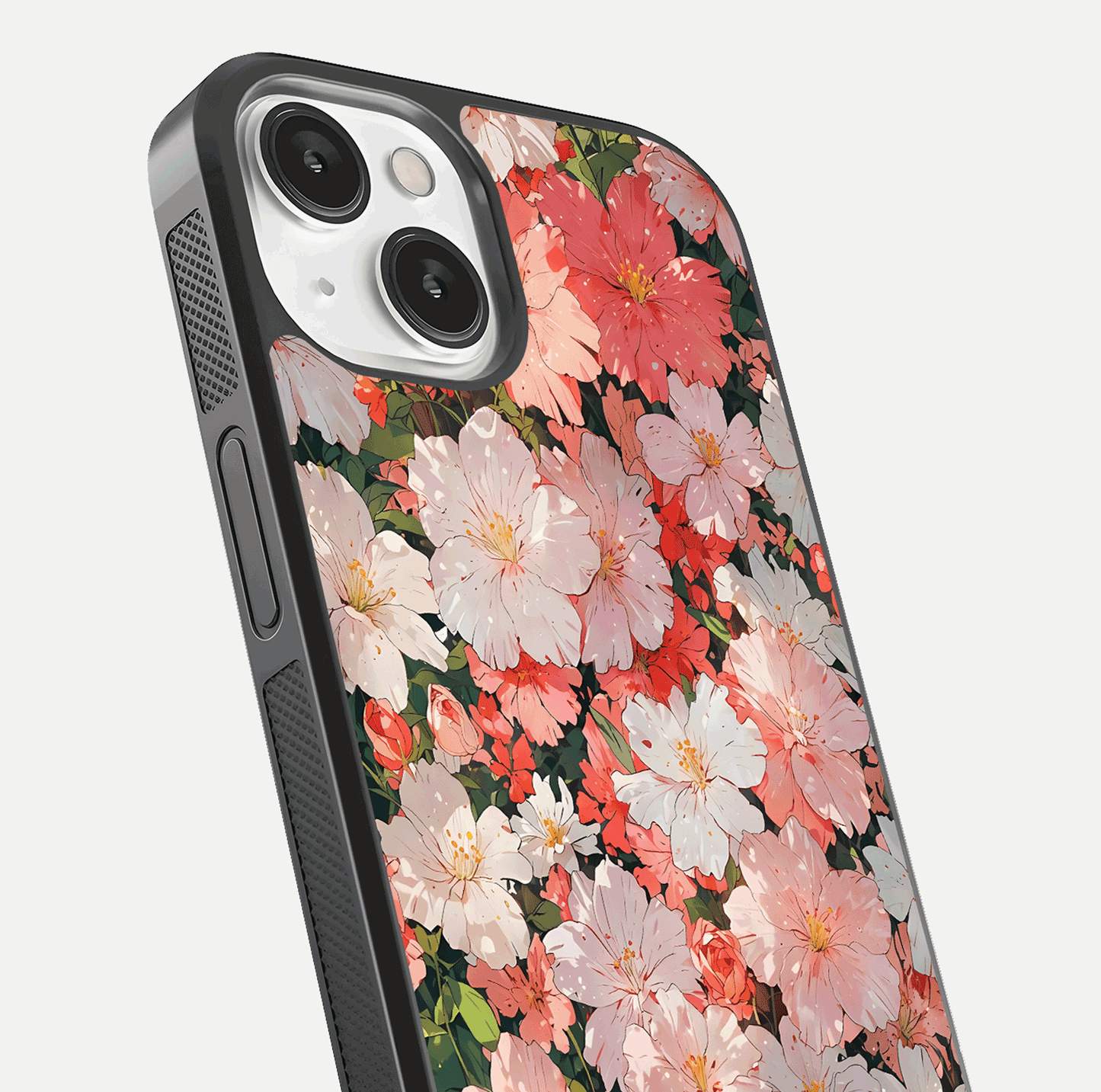 Blush Bloom Field Glass Case for iPhone 13 close-up shot capturing pastel flower field tones and gloss shine