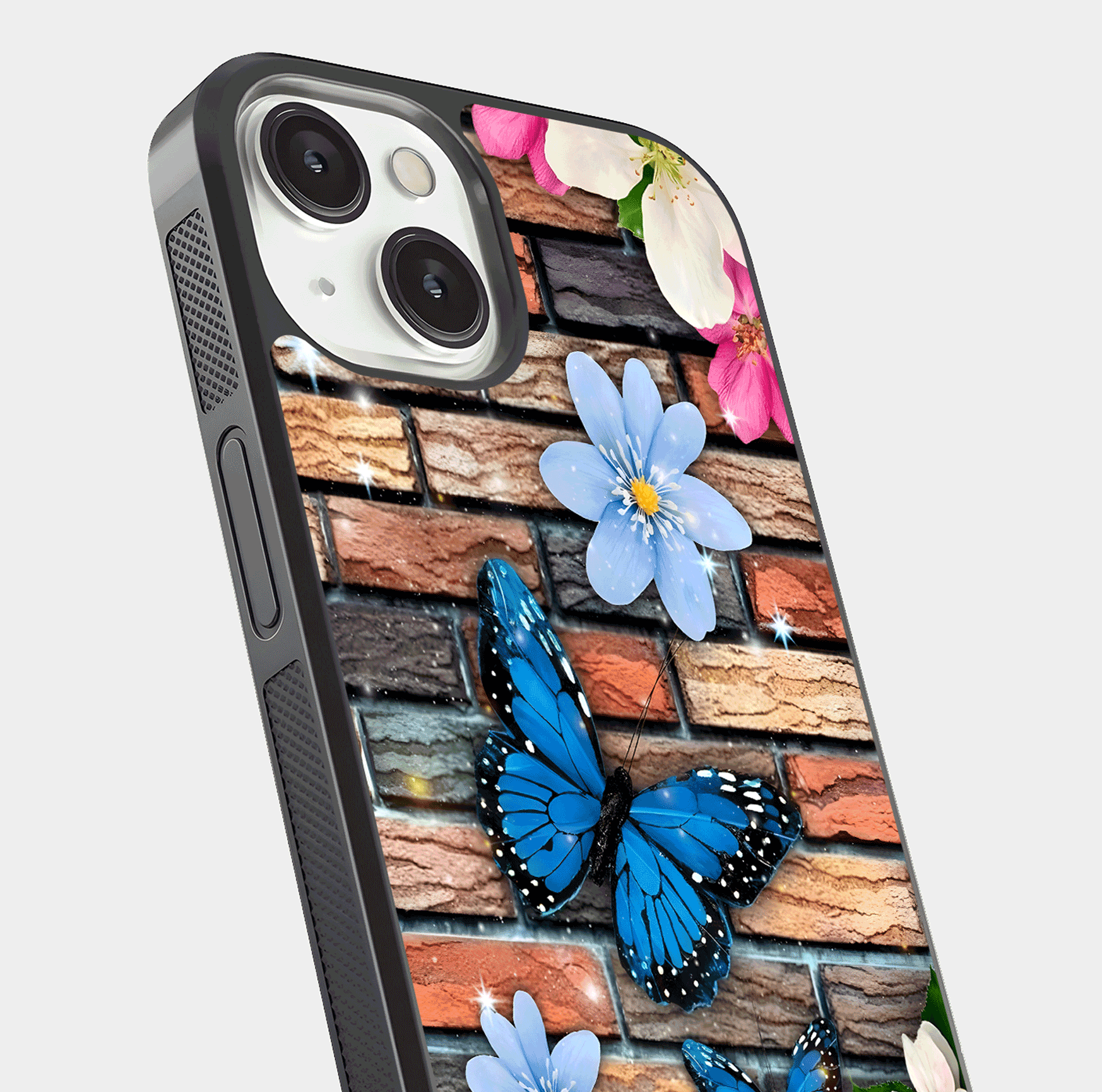 Brick Bloom Flight Glass Case for iPhone 13 close-up angle highlighting flower clusters and reflection detail