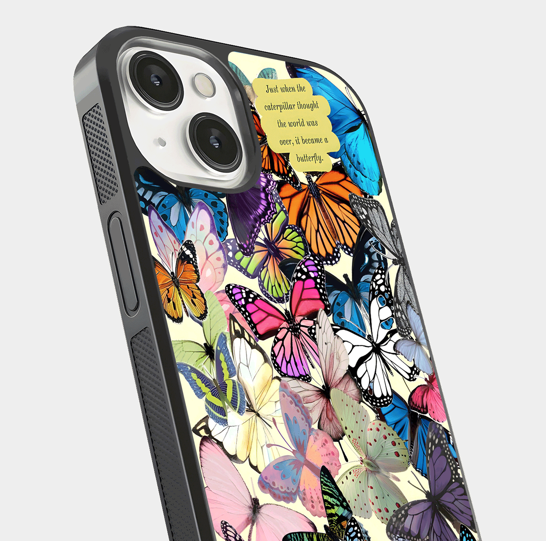 Butterflies Petal Dream Glass Case for iPhone 13 close-up highlighting butterfly wings and pink petal gloss