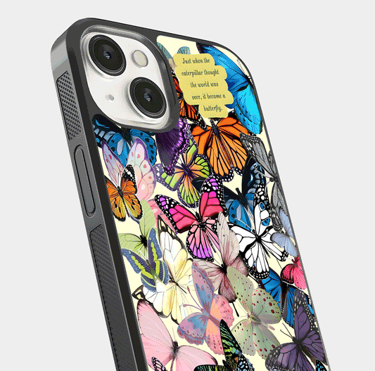Butterflies Petal Dream Glass Case for iPhone 13 close-up highlighting butterfly wings and pink petal gloss