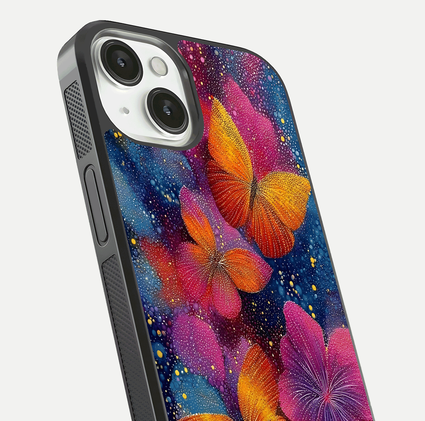 Butterfly Dream Mist Glass Case for iPhone 13 close-up capturing wing pattern detail and glossy finish texture
