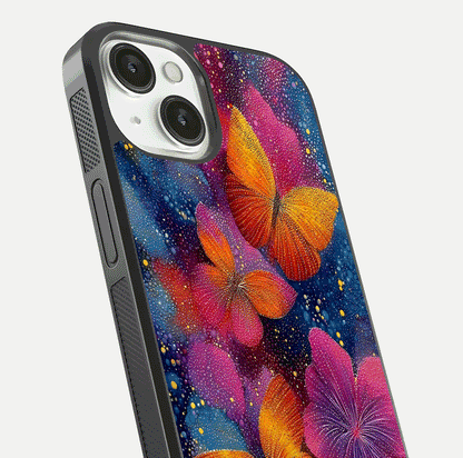 Butterfly Dream Mist Glass Case for iPhone 13 close-up capturing wing pattern detail and glossy finish texture