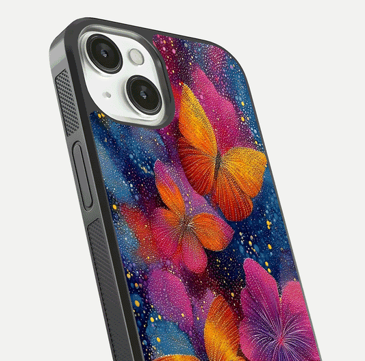 Butterfly Dream Mist Glass Case for iPhone 13 close-up capturing wing pattern detail and glossy finish texture