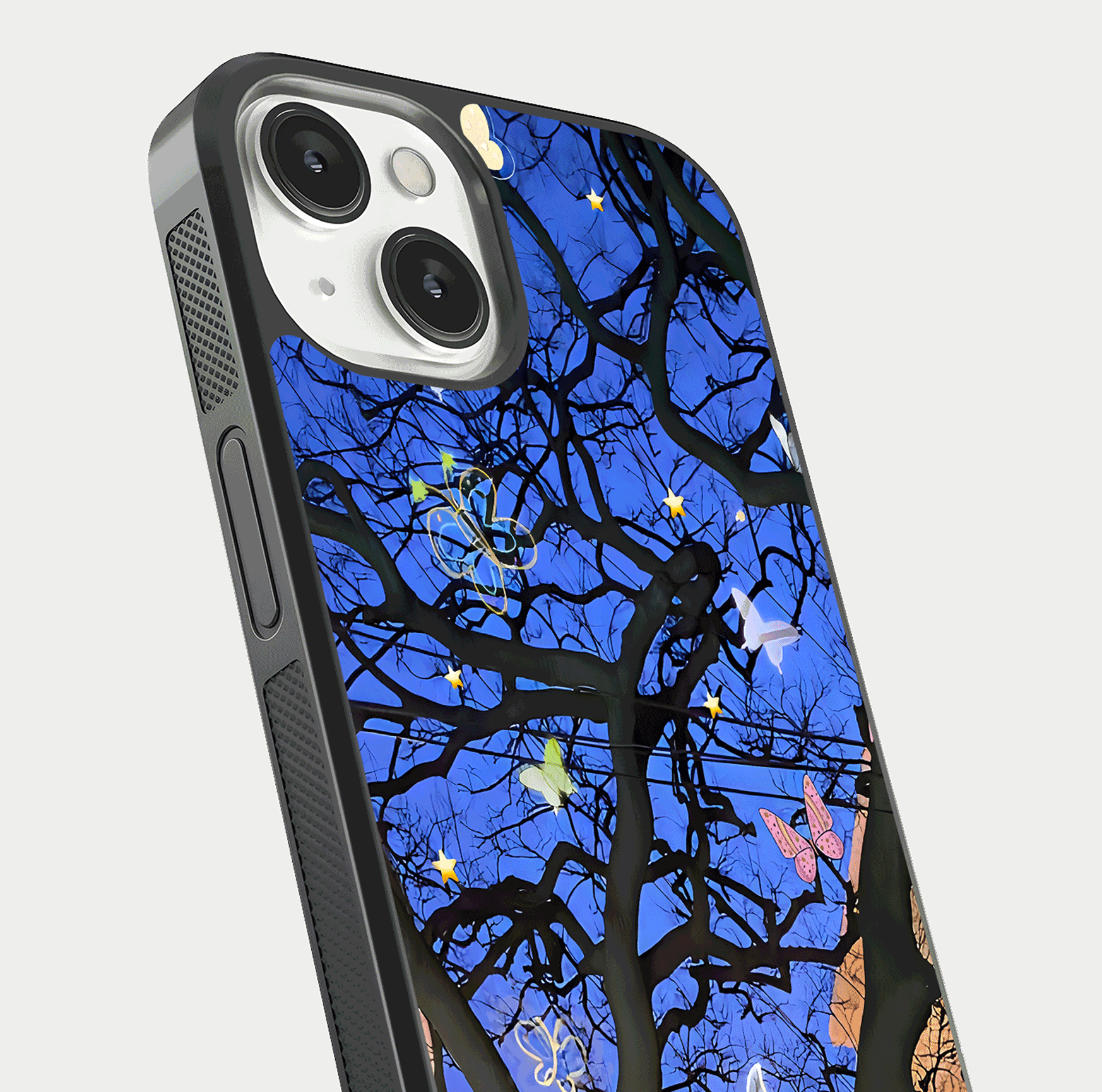 Butterfly Night Magic Glass Case for iPhone 13 close-up highlighting wings reflection and gloss shimmer
