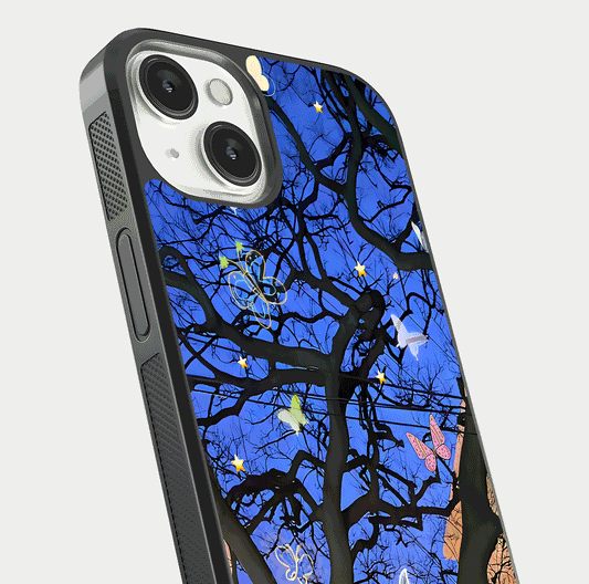 Butterfly Night Magic Glass Case for iPhone 13 close-up highlighting wings reflection and gloss shimmer