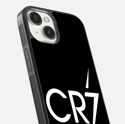 CR7 Elite Strike Glass Case for iPhone 13 close-up highlighting CR7 artwork and shine reflection