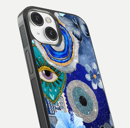 Celestial Blue Vision Glass Case for iPhone 13 close-up shot highlighting reflection details and smooth edge polish