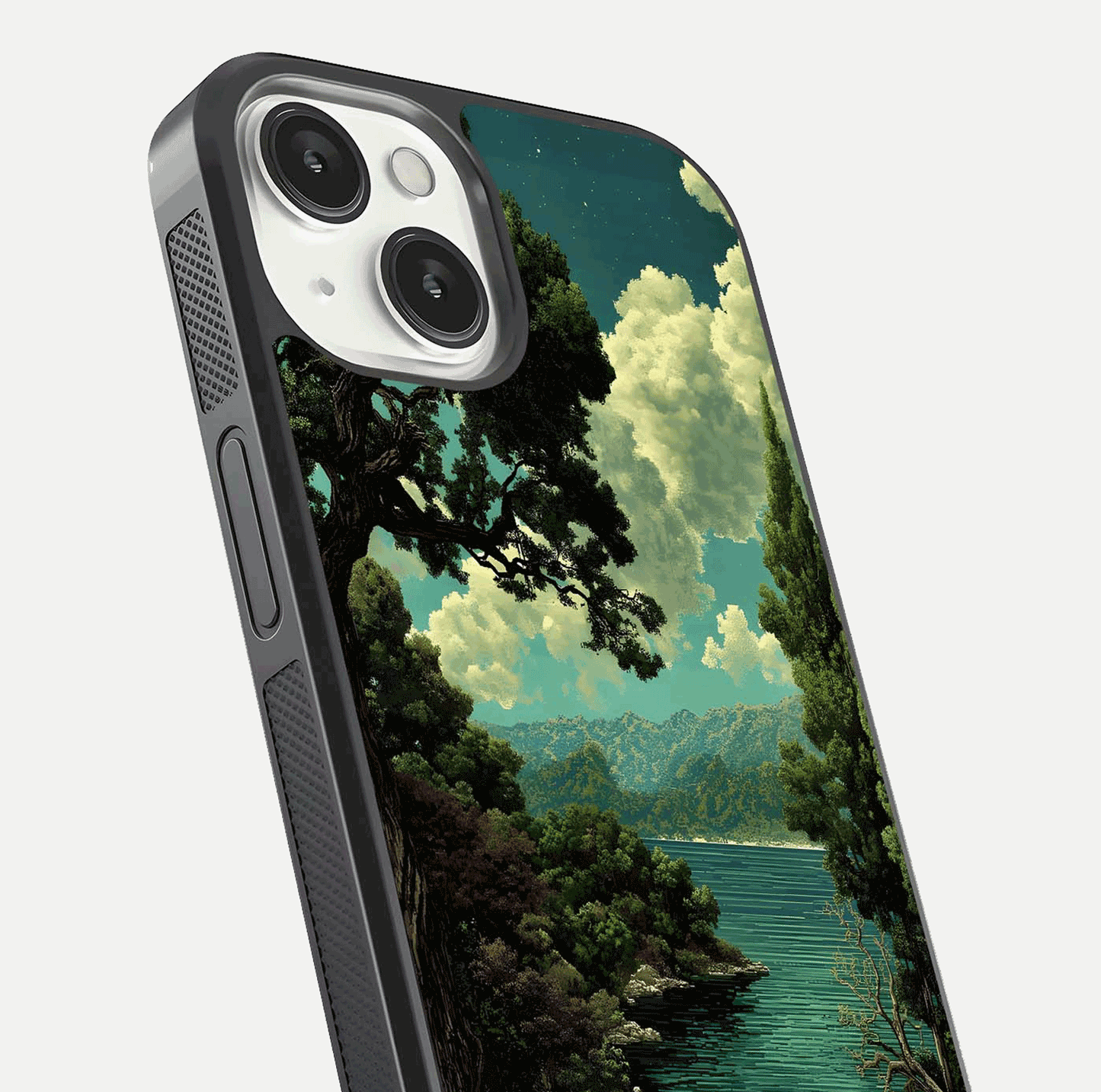Celestial Lake Peace Glass Case for iPhone 13 close-up highlighting moon reflection and glossy texture