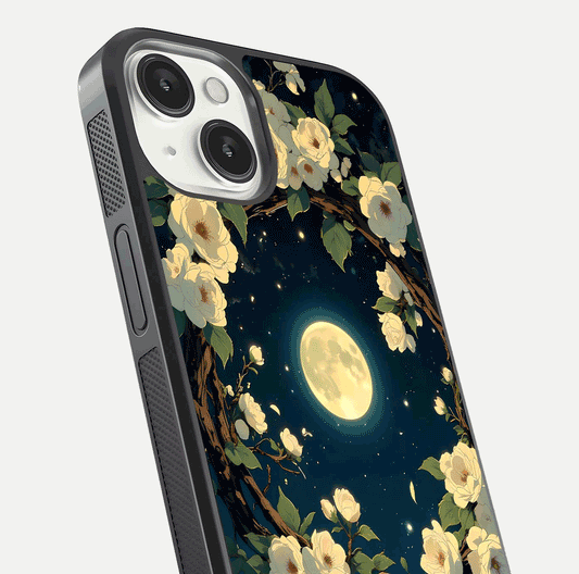 Celestial Moon & Flower Glass Case for iPhone 13 close-up capturing petal reflection and moonlight contrast