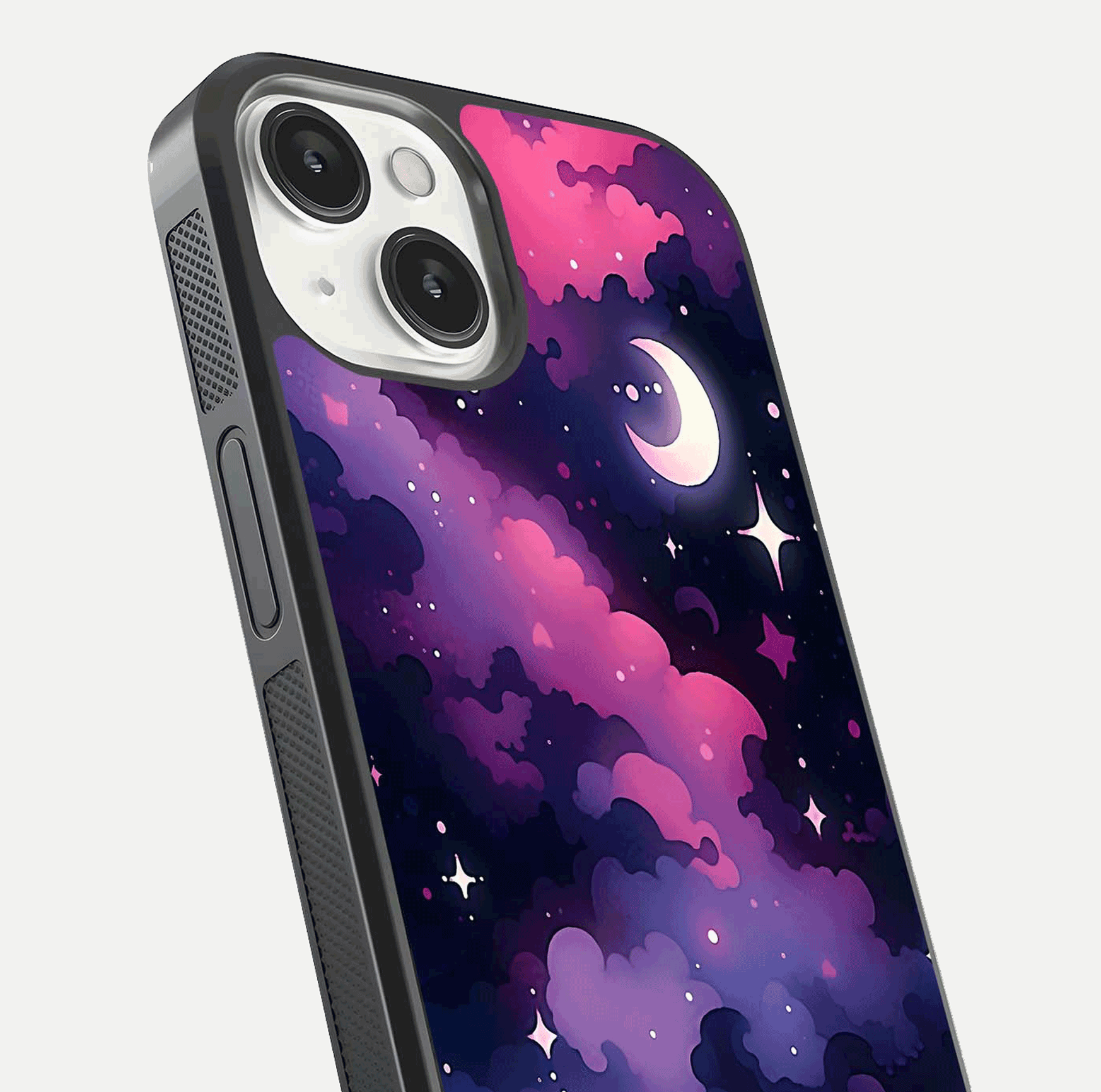 Celestial Moon Magic Glass Case for iPhone 13 close-up view highlighting moon crater detail and glass shine