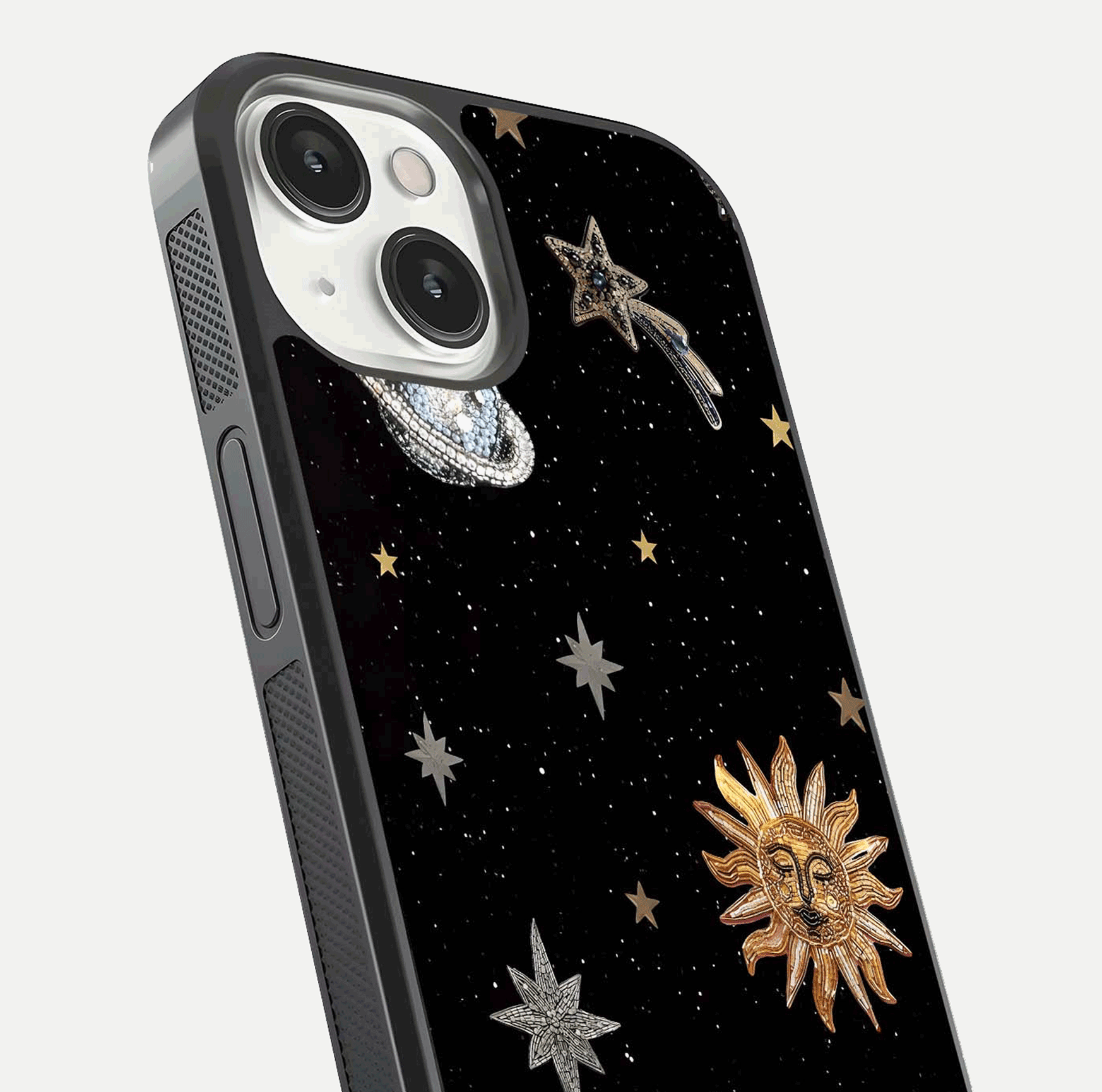 Celestial Moon With Stars Glass Case for iPhone 13 close-up showing cosmic reflection and HD shine