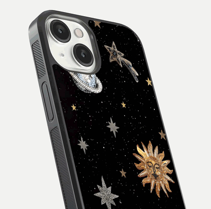 Celestial Moon With Stars Glass Case for iPhone 13 close-up showing cosmic reflection and HD shine