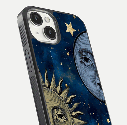 Celestial Moon With Sun Glass Case for iPhone 13 close-up highlighting fine celestial detail and polish reflection