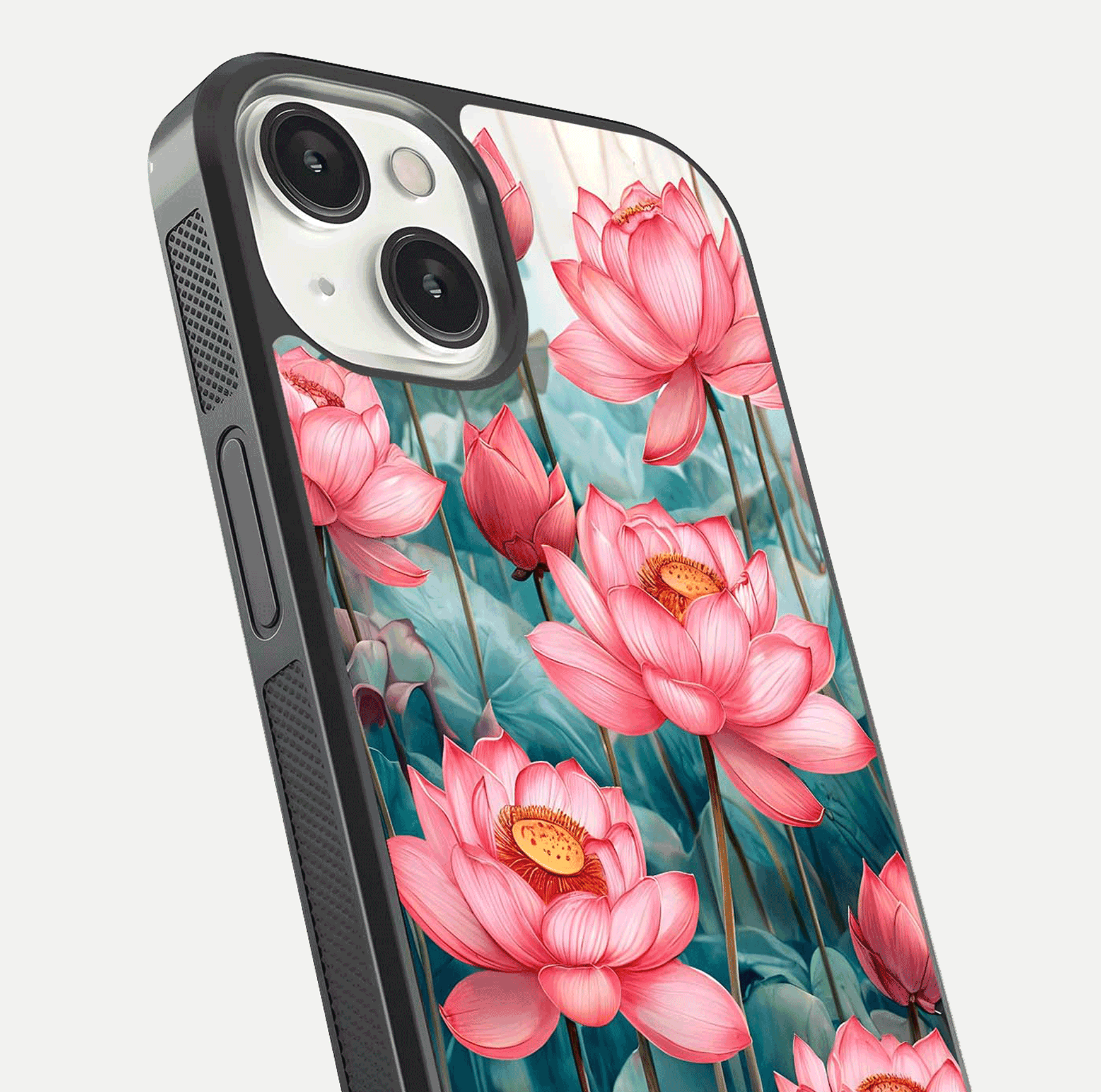 Celestial Pink Lotus Glass Case for iPhone 13 close-up highlighting petal detail and HD glass reflection