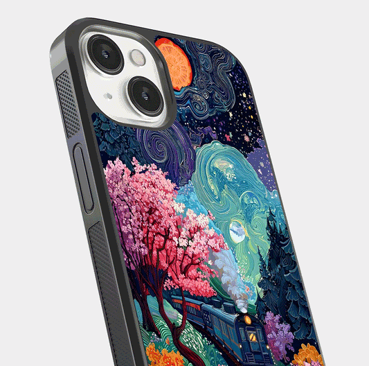 Celestial Train Journey Glass Case for iPhone 13 close-up highlighting train lights, cosmic tones, and reflection detail