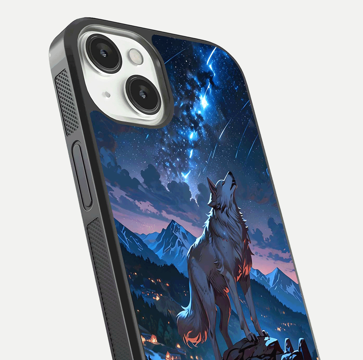 Celestial Wolf Howl Glass Case for iPhone 13 close-up showing wolf silhouette and glowing moon reflection