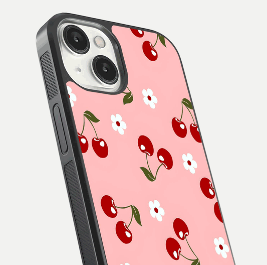 Cherry Love Mood Glass Case for iPhone 13 close-up highlighting cherry heart pattern and reflection shine