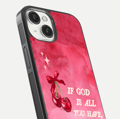 Cherry Quote Glass Case for iPhone 13 close-up showing printed quote detail and HD reflection gloss