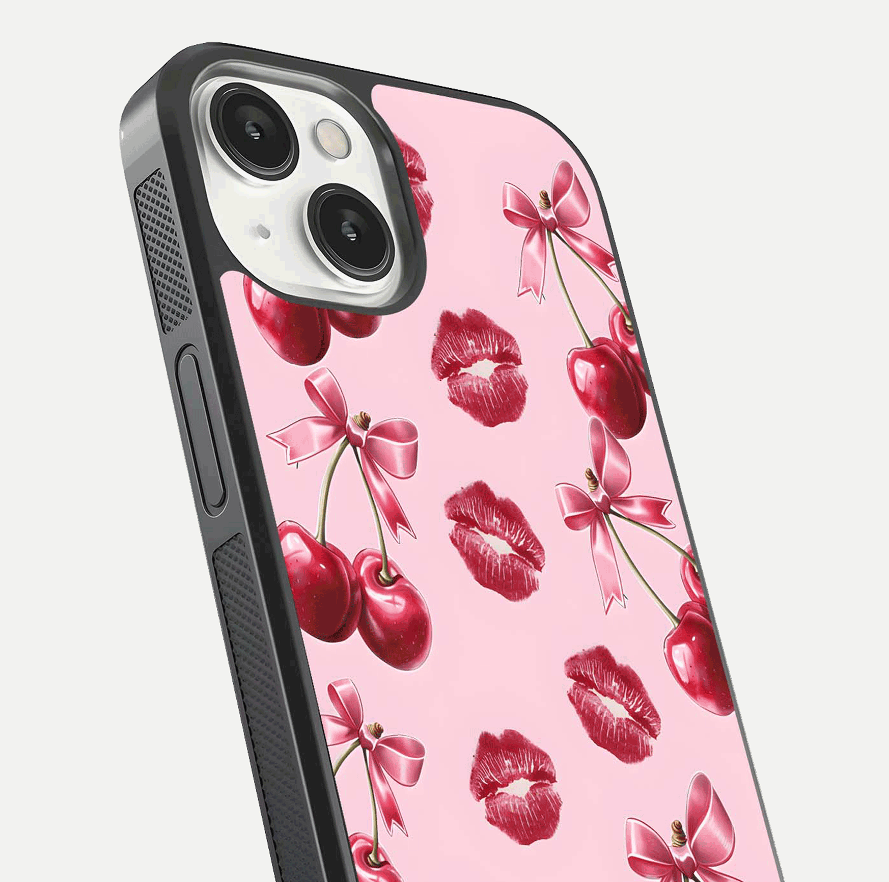 Cherry With Lips Glass Case for iPhone 13 close-up view highlighting lips texture and reflection shine