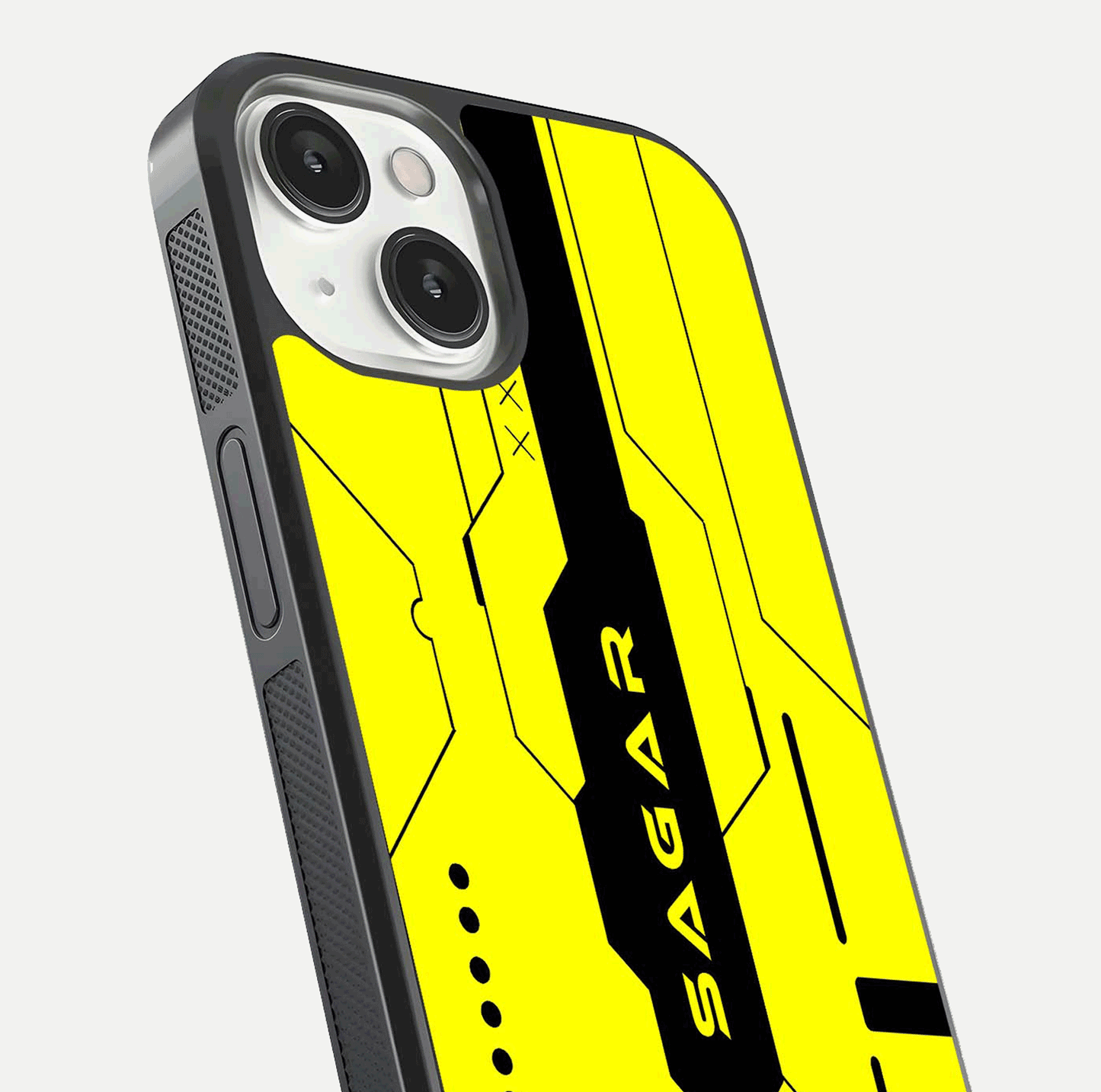 Circuit CYBERPUNK Custom Name Glass Case for iPhone 13 close-up highlighting neon lines, futuristic tones, and gloss reflection