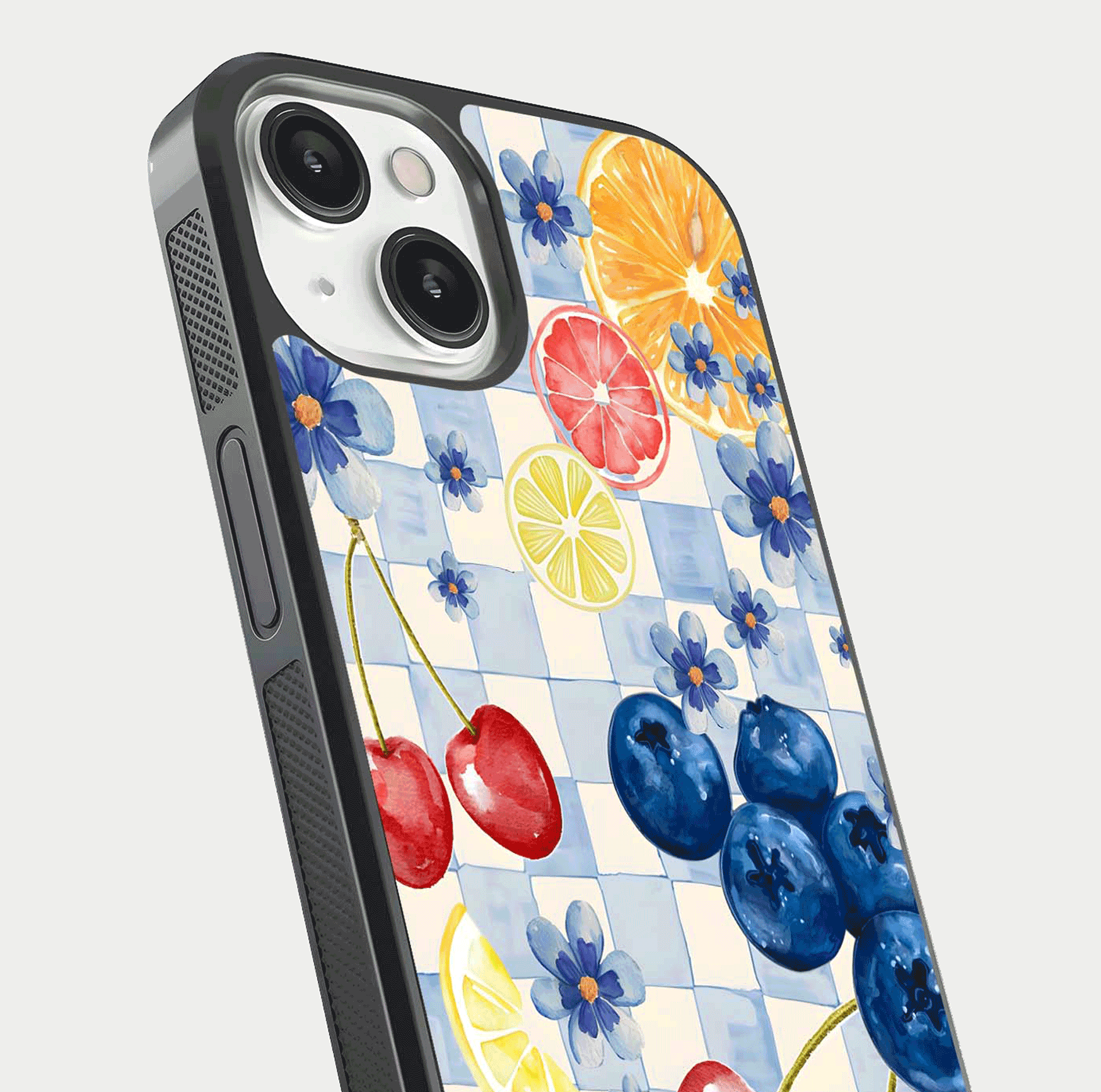 Citrus Bloom Joy Glass Case for iPhone 13 close-up highlighting orange blossoms and reflection detail