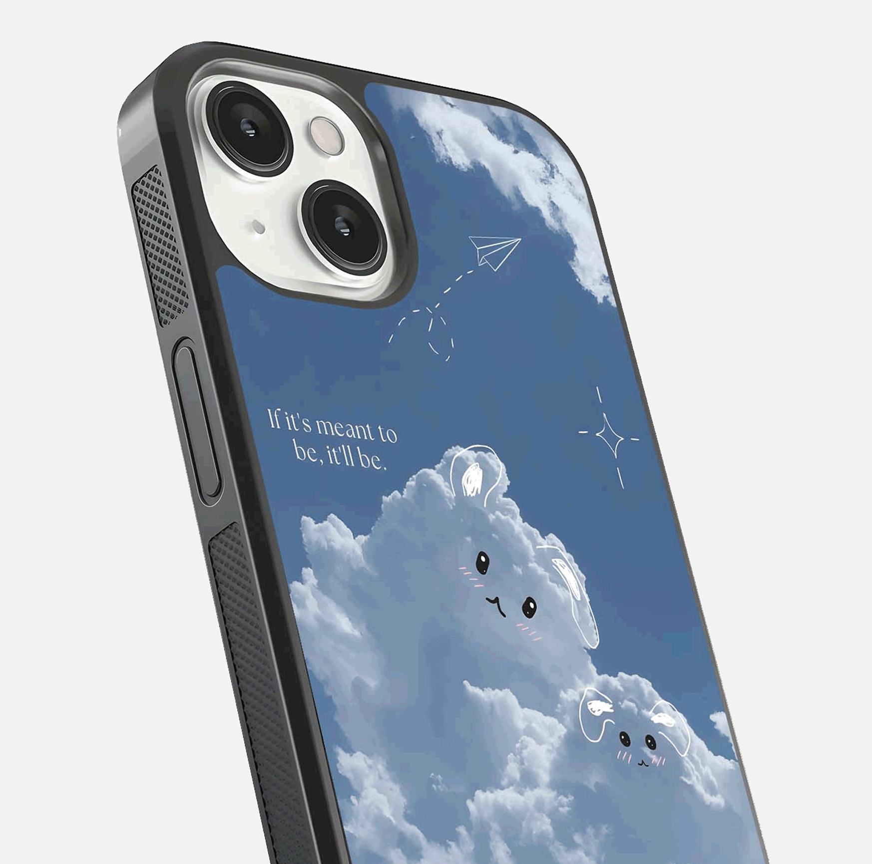 Cloud Bunny Dreams Glass Case for iPhone 13 close-up showing bunny art, dreamy clouds, and HD shine