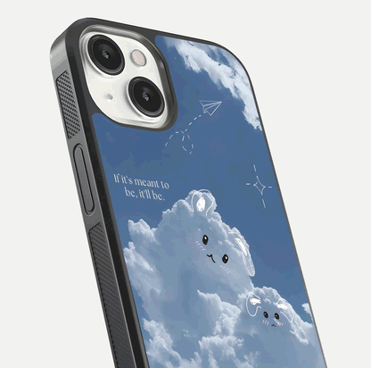 Cloud Bunny Dreams Glass Case for iPhone 13 close-up showing bunny art, dreamy clouds, and HD shine