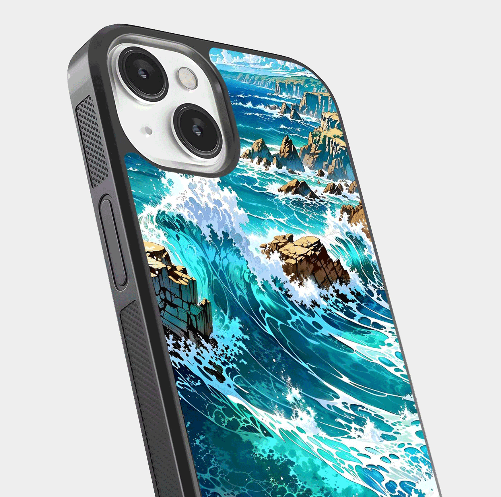 Coastal Blue Waves Glass Case for iPhone 13 close-up highlighting wave texture and blue shine