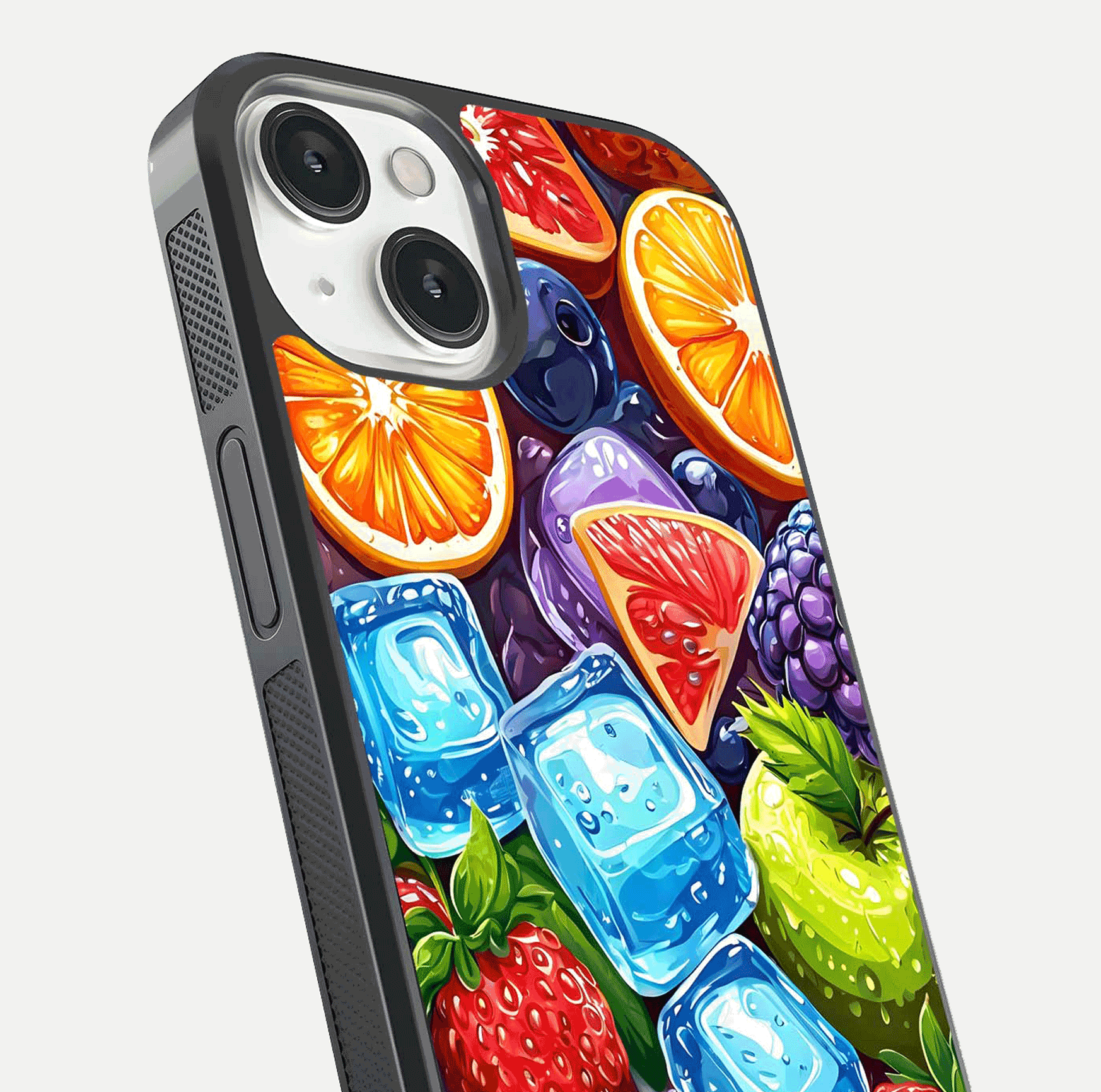 Colorful Fruits with Ice Glass Case for iPhone 13 close-up highlighting fruit color and reflection glow