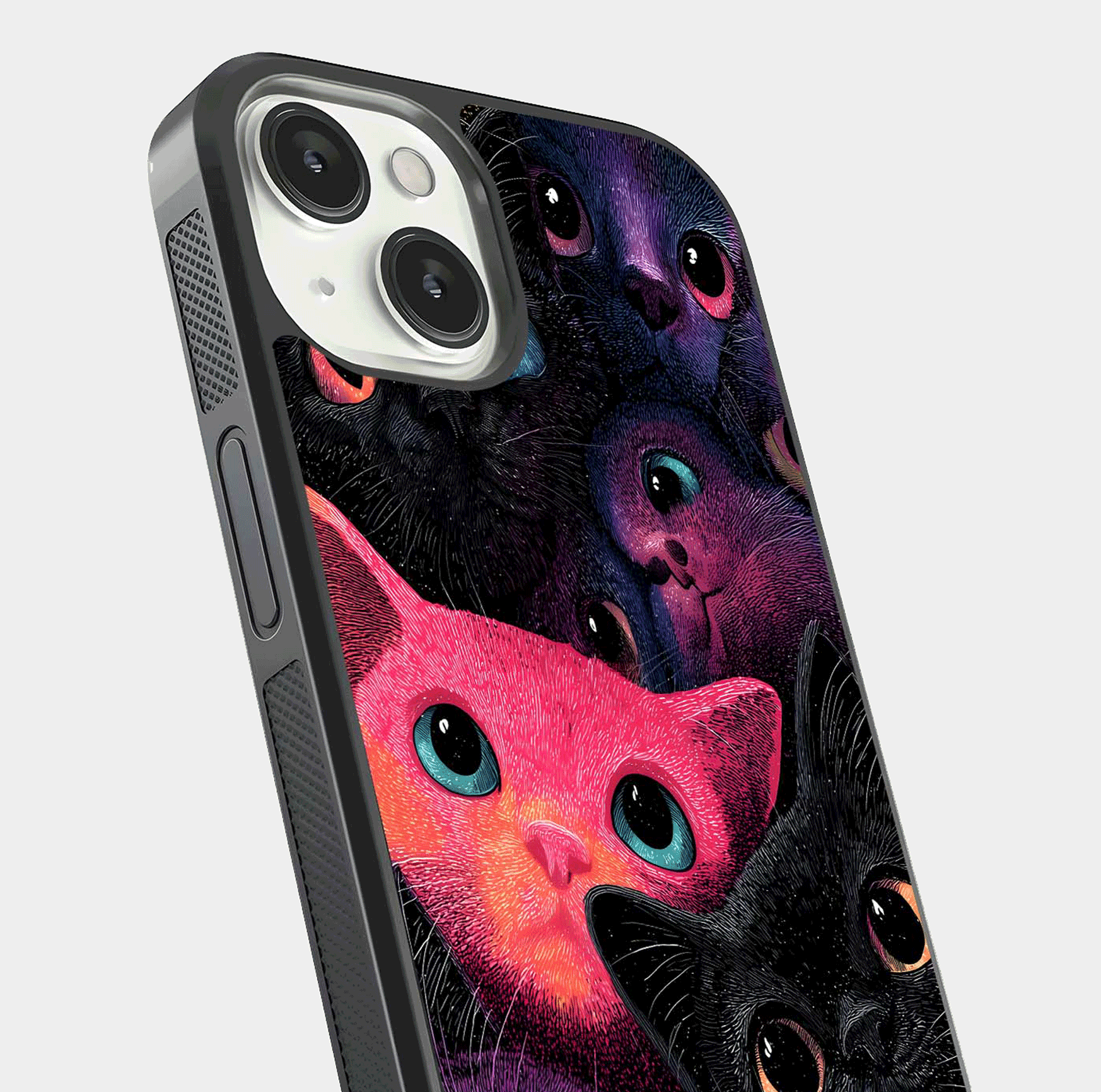 Cosmic Cats Dreams Glass Case for iPhone 13 close-up highlighting cats and cosmic glow reflection