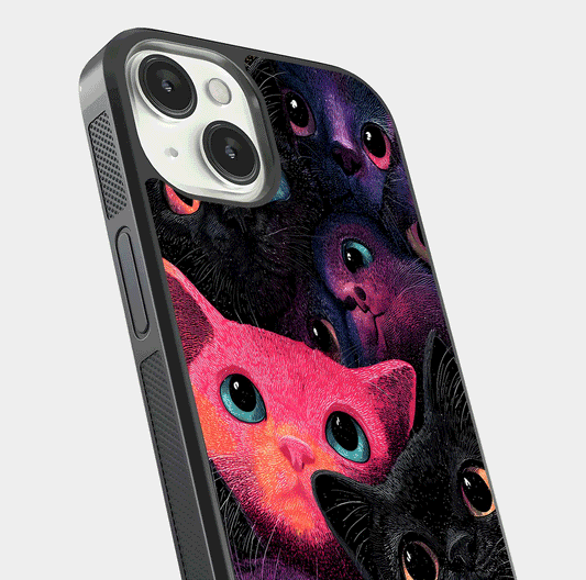 Cosmic Cats Dreams Glass Case for iPhone 13 close-up highlighting cats and cosmic glow reflection