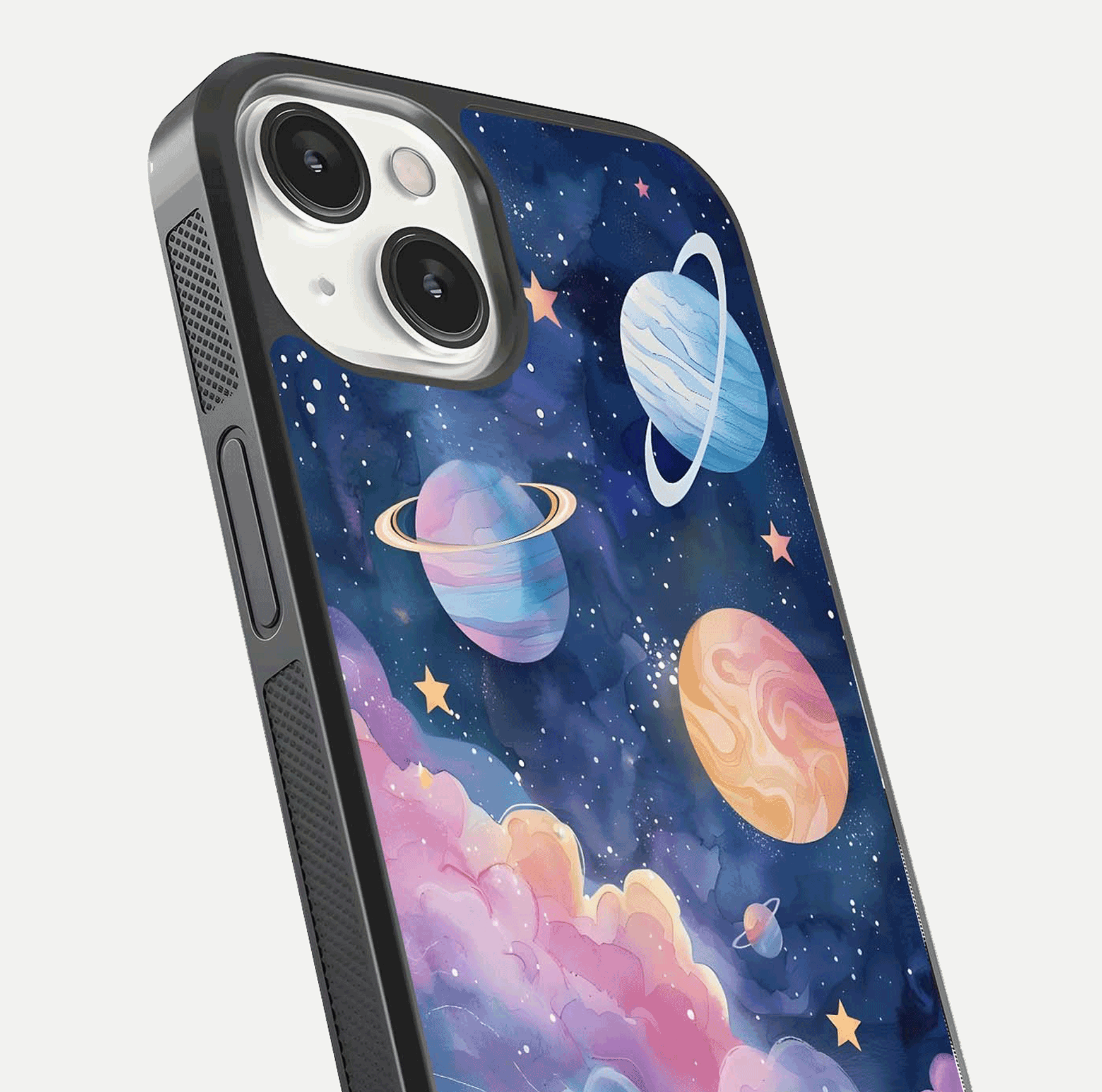 Cosmic Planet Dreams Glass Case for iPhone 13 close-up highlighting planetary details and reflection glow