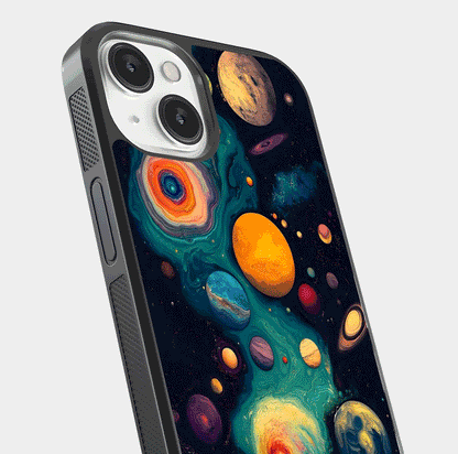 Cosmic Planet Journey Glass Case for iPhone 13 close-up highlighting planets, stars, and shine reflection