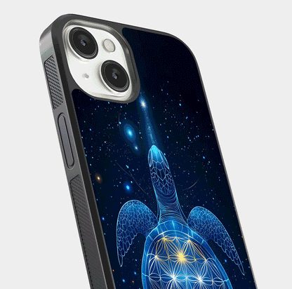 Crimson Blue Turtle Glass Case for iPhone 13 close-up highlighting turtle shell detail and shine reflection
