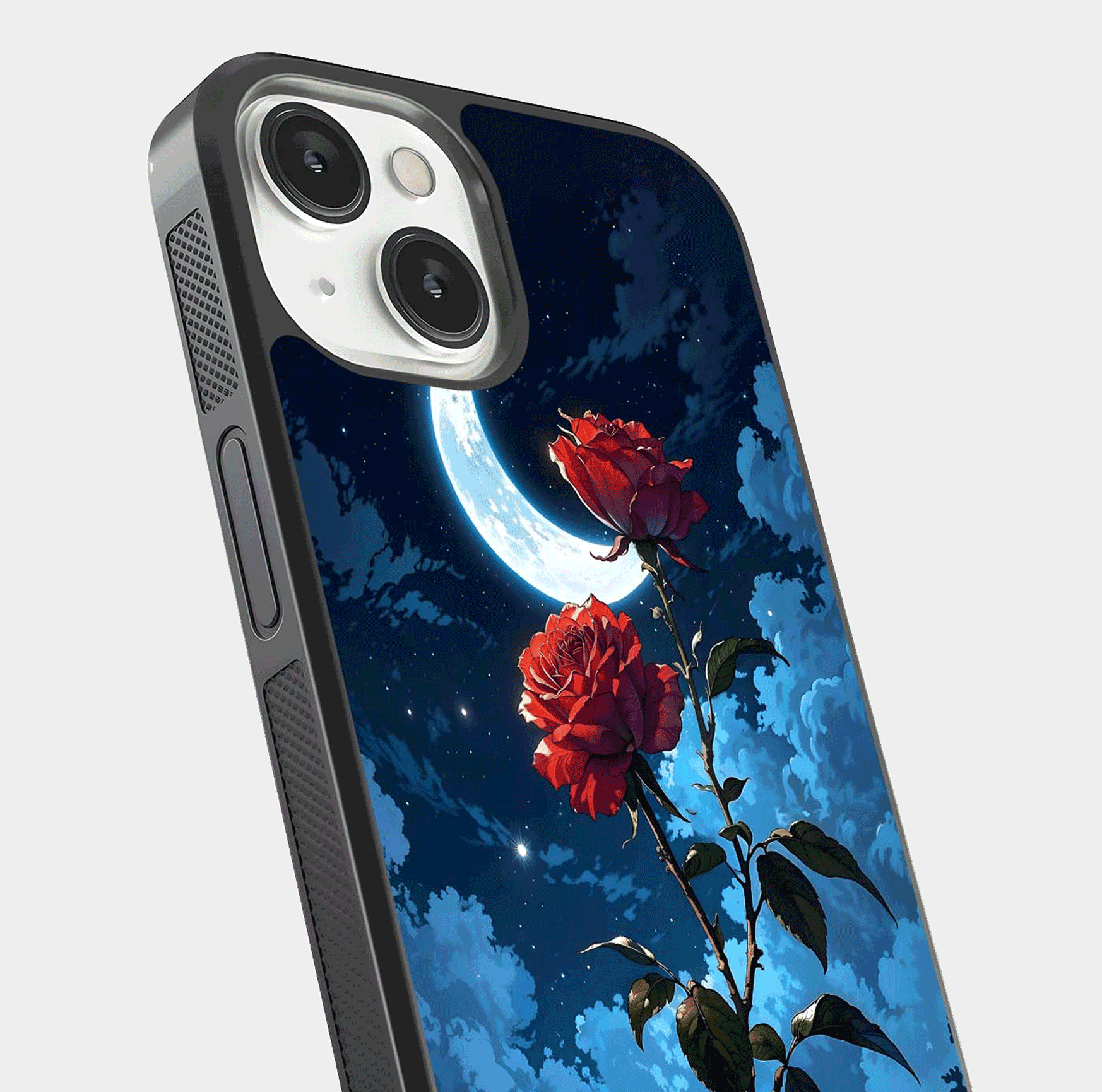 Crimson Rose Moon Glass Case for iPhone 13 close-up showing rose detail and reflection highlight