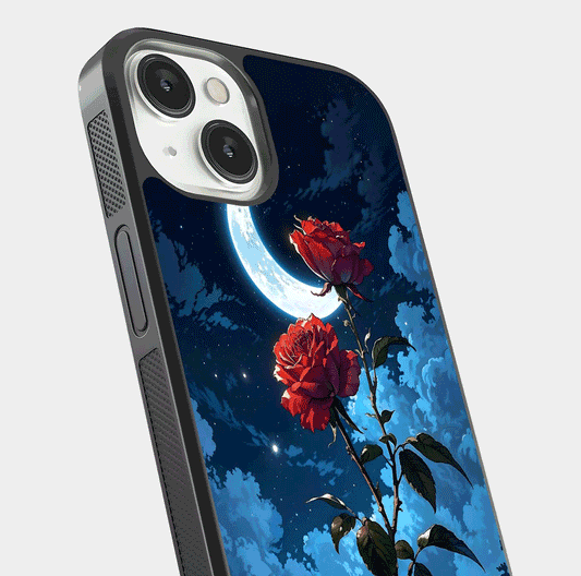 Crimson Rose Moon Glass Case for iPhone 13 close-up showing rose detail and reflection highlight