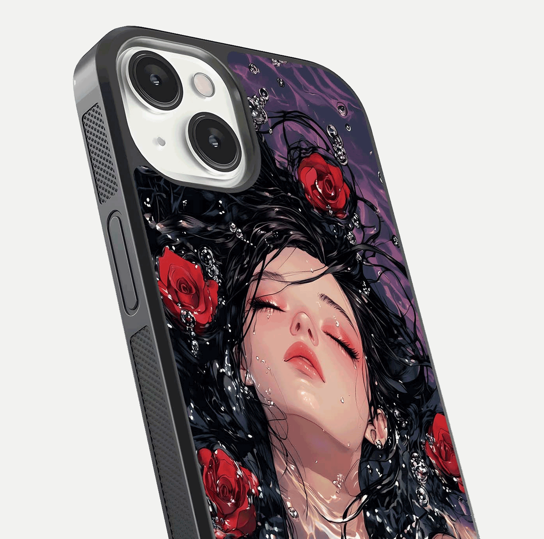 Crimson Rose Serenity Glass Case for iPhone 13 close-up highlighting rose gradient and reflection detail