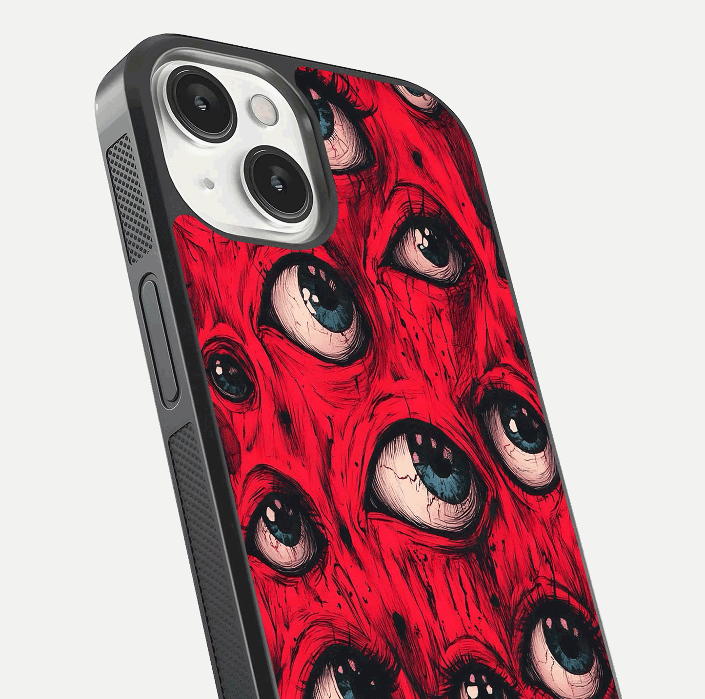 Crimson Watch Eyes Glass Case for iPhone 13 close-up highlighting graphic detail and reflection