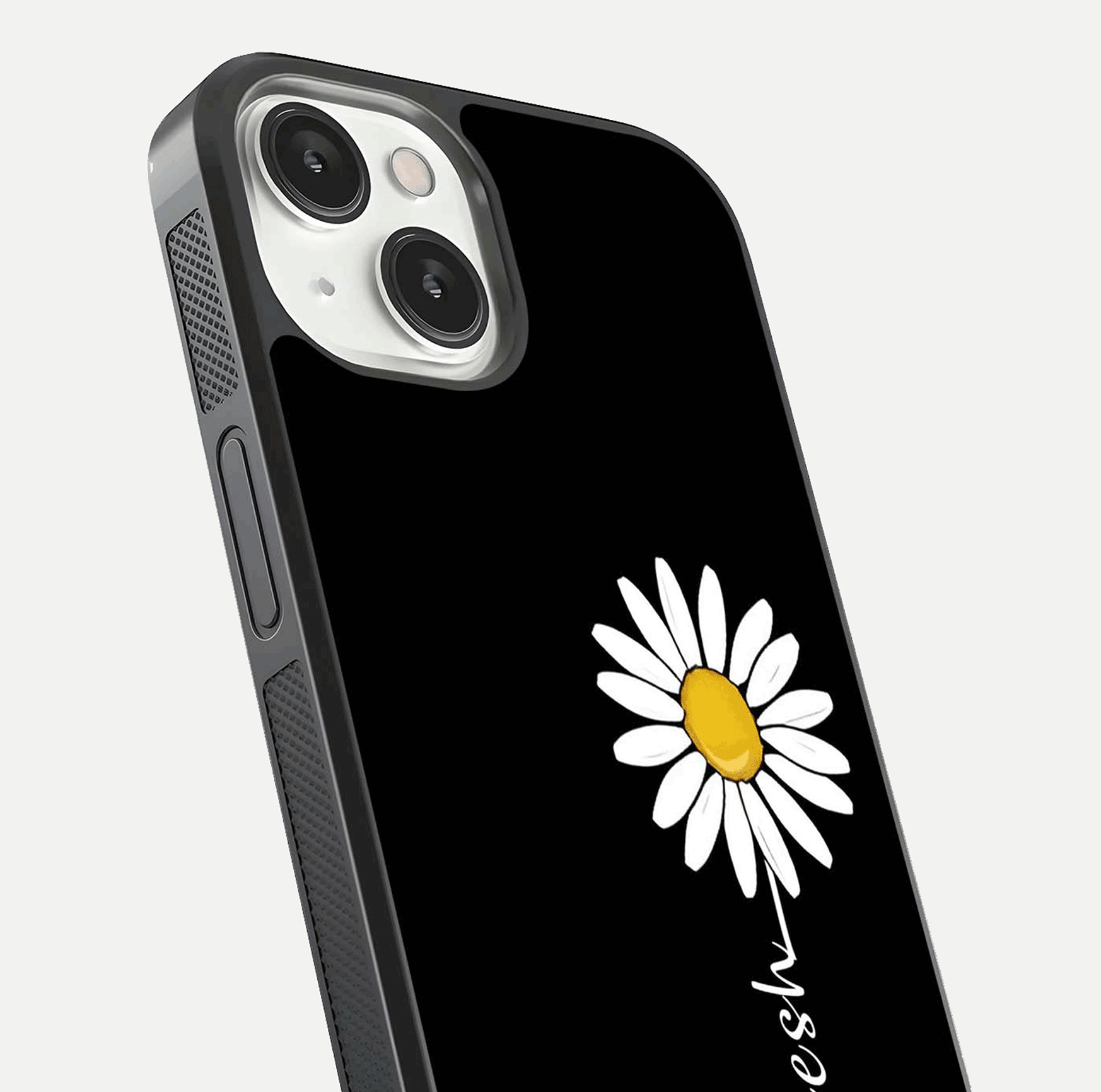 Custom Name White Flower Glass Case for iPhone 13 close-up highlighting petals, name print, and reflection polish