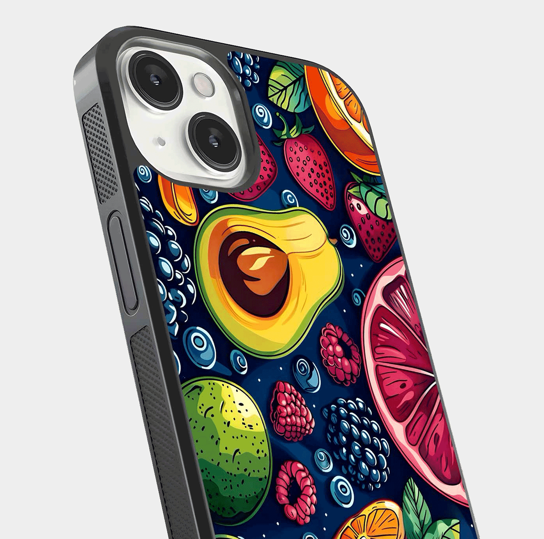 Cute Fruits Art Glass Case for iPhone 13 close-up highlighting fruit shapes, color tones, and reflection polish